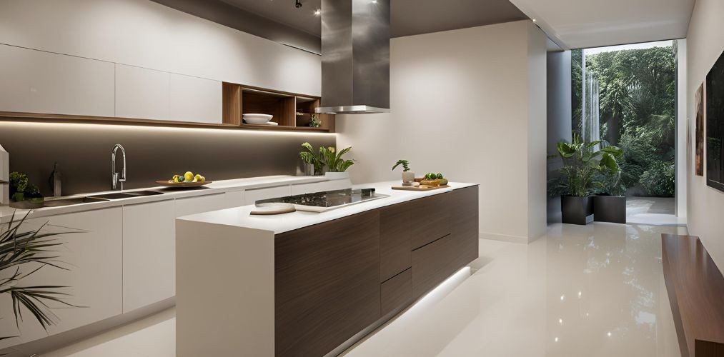 Modern white kitchen with brown backsplash - Beautiful Homes