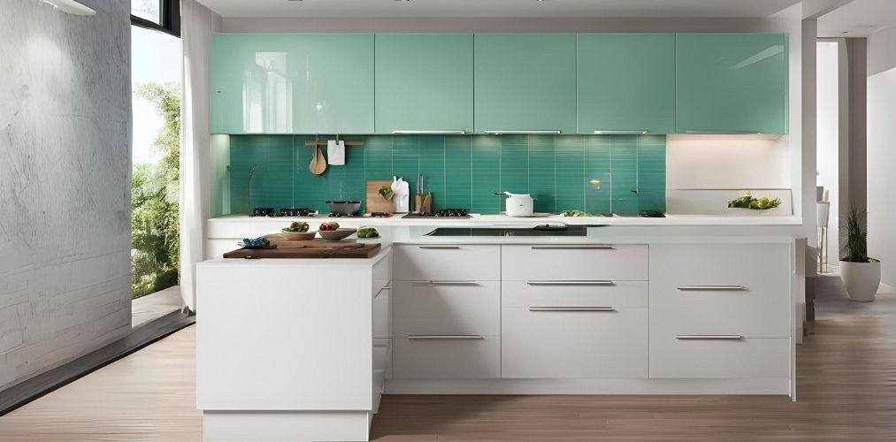 Modern white kitchen with sea green backsplash tiles - Beautiful Homes