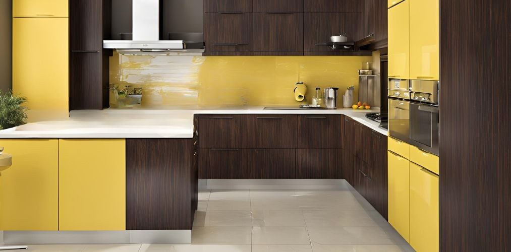 Modern yellow and dark wood l-shaped modular kitchen - Beautiful Homes