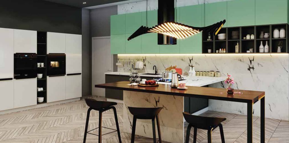 Modernistic Crest Collection by Sleek Kitchen with white countertop and light wooden flooring - Beautiful Homes