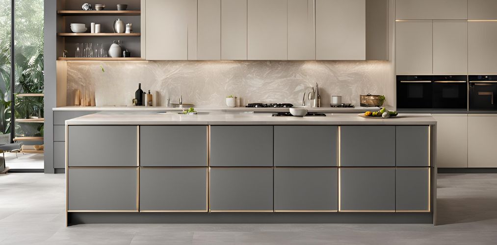 Modular champagne toned and grey island kitchen design - Beautiful Homes