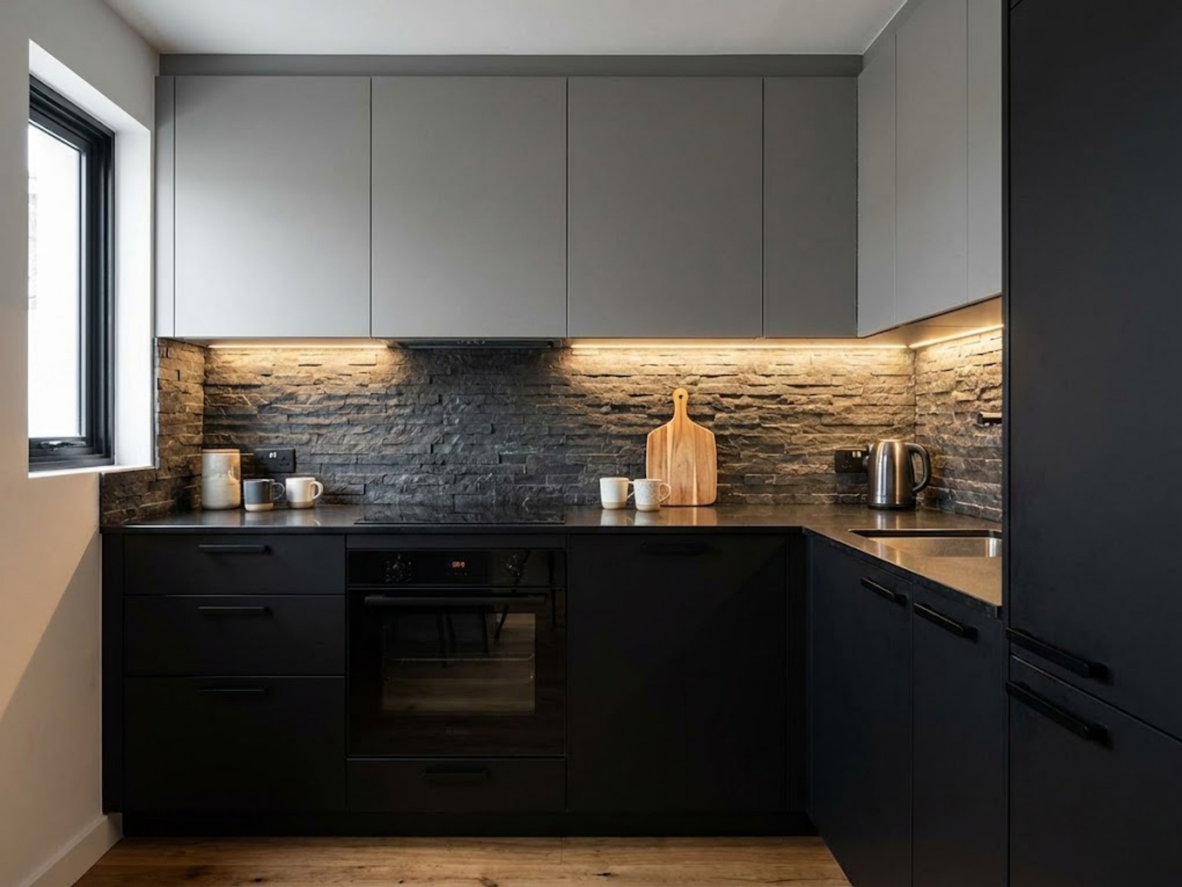 Black and grey kitchen with stone backsplash - Beautiful Homes