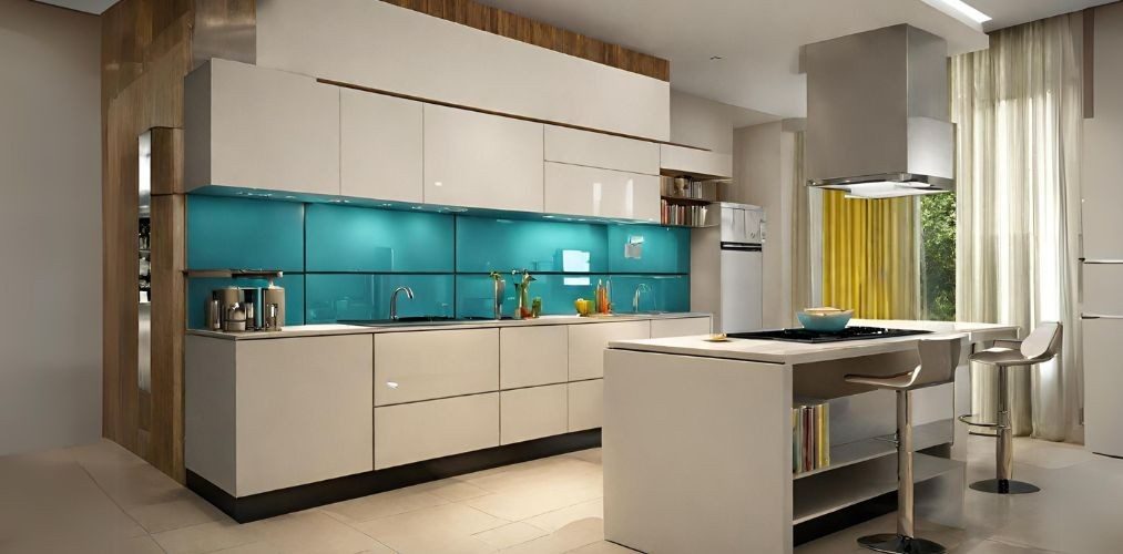 Modular island kitchen with coloured backsplash - Beautiful Homes