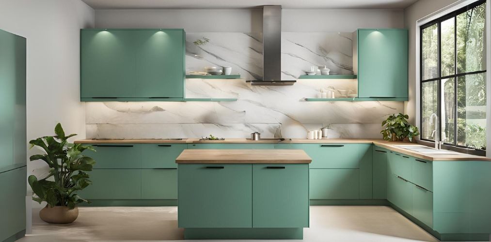 Modular island kitchen with sea green cabinets - Beautiful Homes