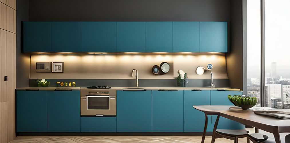 Teal blue modular kitchen cabinets for a straight kitchen-Beautiful Homes