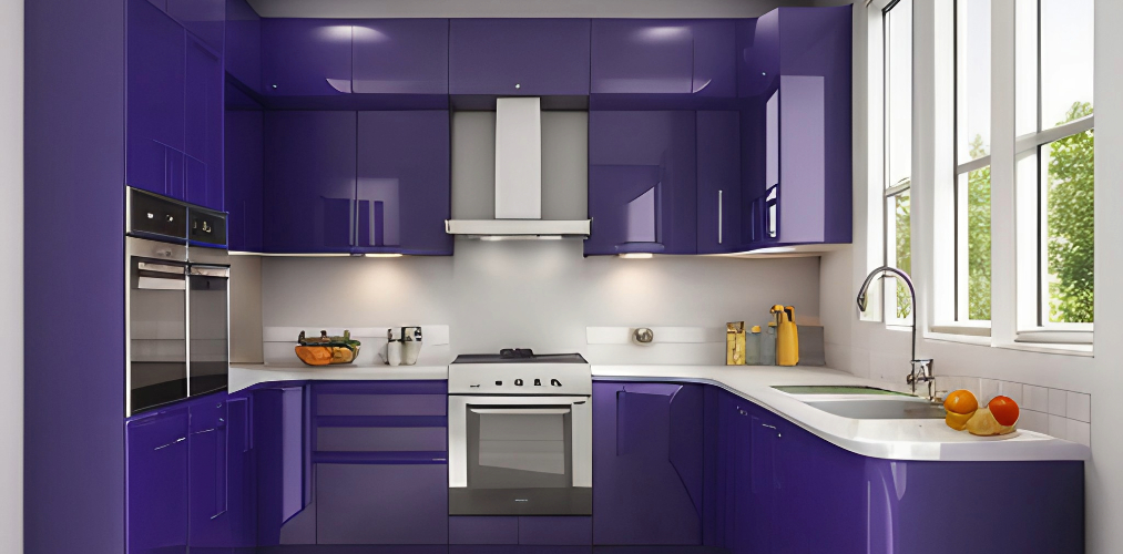 Modular U-shaped kitchen design for small kitchen with blue cabinets-Beautiful Homes