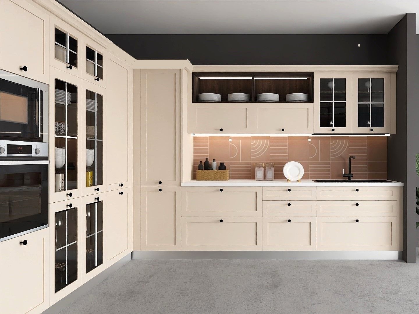 L-shaped kitchen featuring cream cabinets, glass-front doors and terracotta backsplash - Beautiful Homes