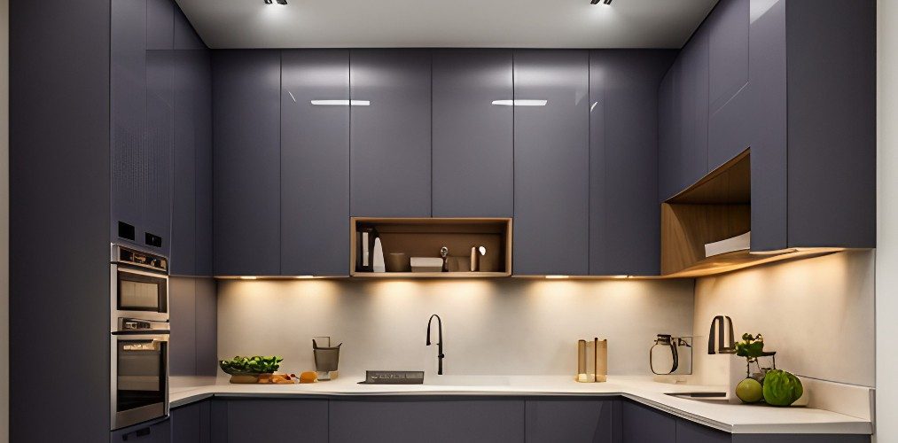 Modular kitchen design with grey acrylic pantry cabinets-Beautiful Homes