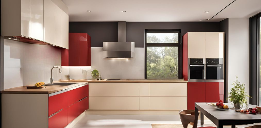 Modular kitchen design with red and cream cabinets - Beautiful Homes