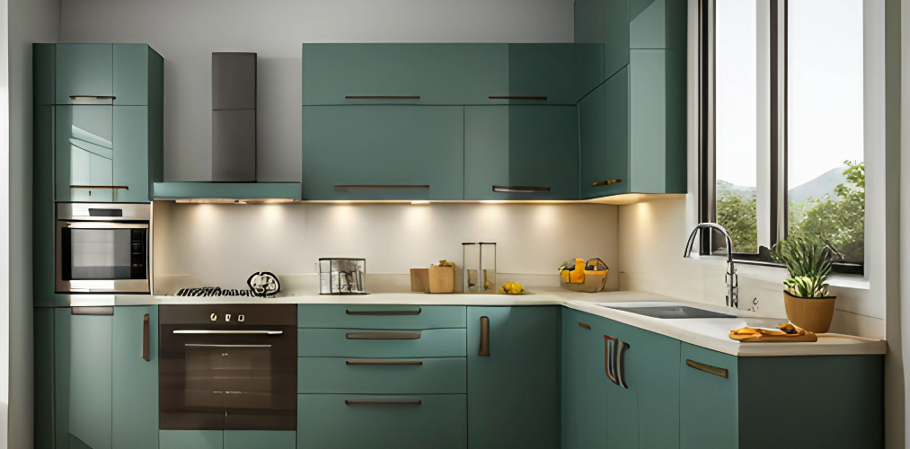Modular kitchen design with wall kitchen cabinets in teal-Beautiful Homes
