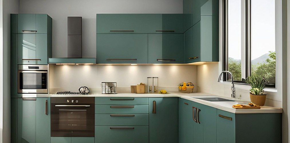 Modular kitchen design with wall kitchen cabinets in teal-Beautiful Homes