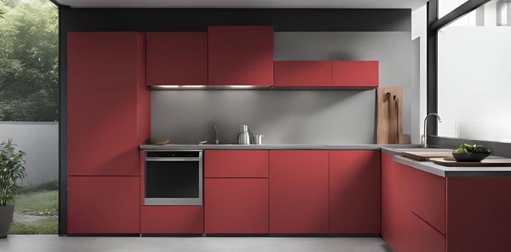 Modular kitchen with crimson cabinets and grey backsplash - Beautiful Homes