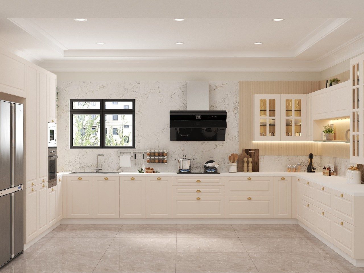 Luxury kitchen with white cabinets and marble walls - Beautiful Homes