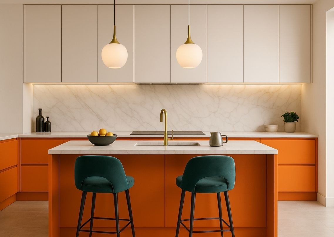 Modern kitchen with orange cabinets and marble counters - Beautiful Homes