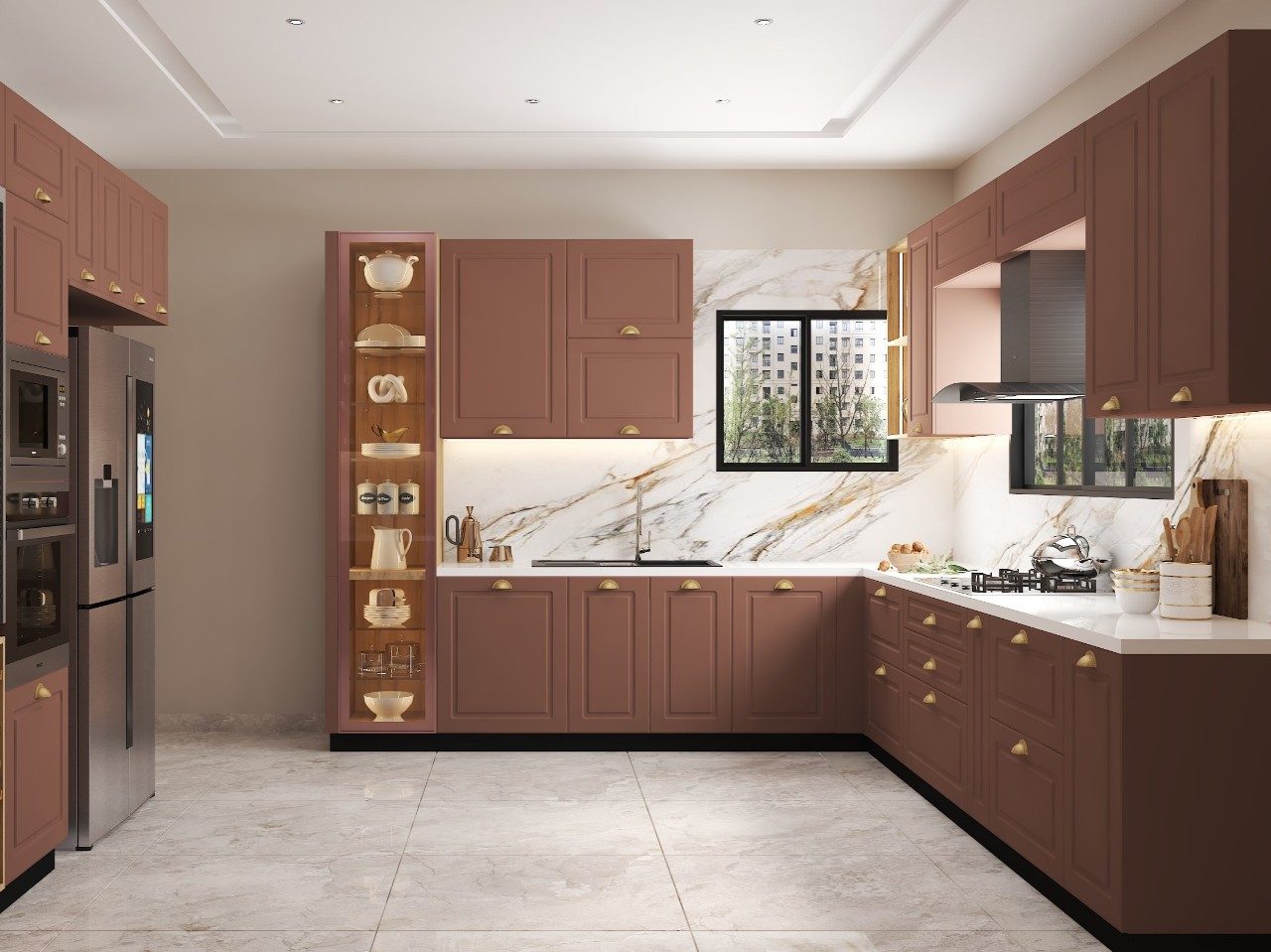 Modern kitchen with marble backsplash and ample storage - Beautiful Homes