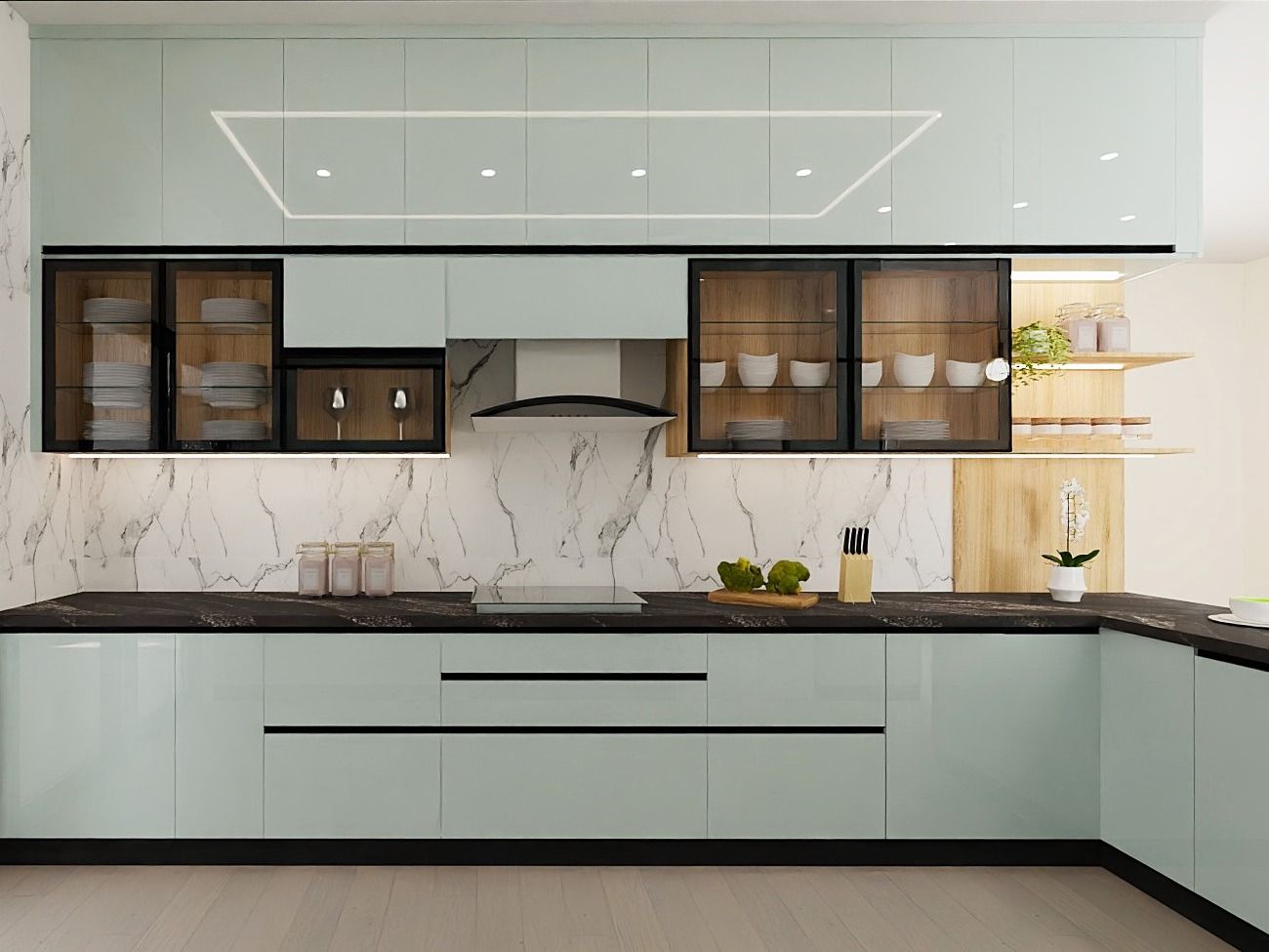 Sleek L-shaped kitchen featuring yellow cabinets, black countertops, and a white textured backsplash - Beautiful Homes