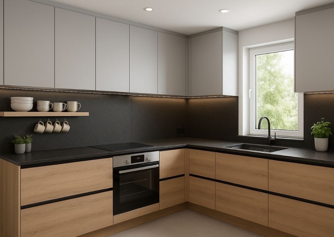 Modern kitchen with beige grey cabinets and marble - Beautiful Homes