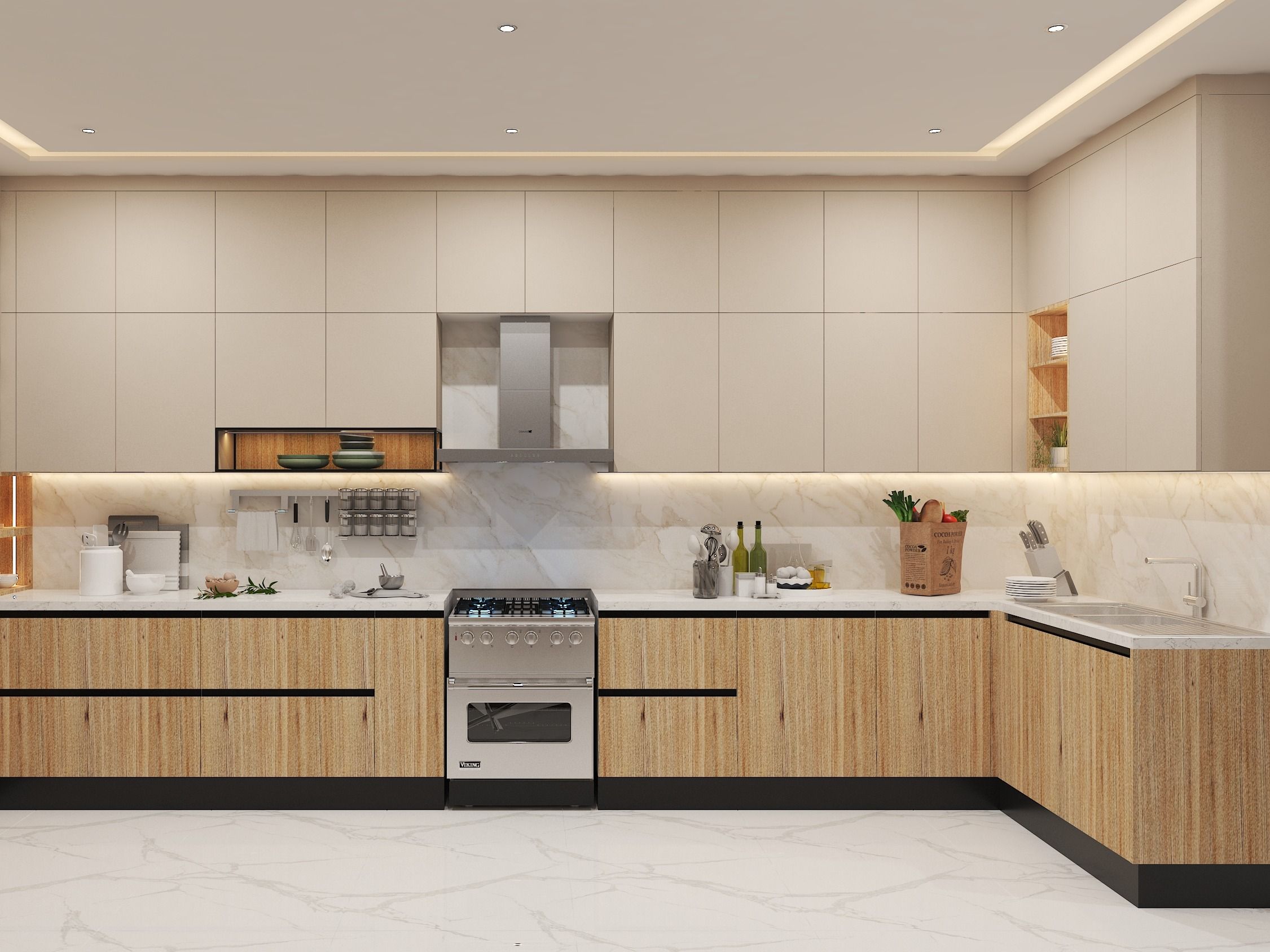 Contemporary L-shaped kitchen featuring light wood cabinets, marble backsplash, and stainless steel appliances - Beautiful Homes