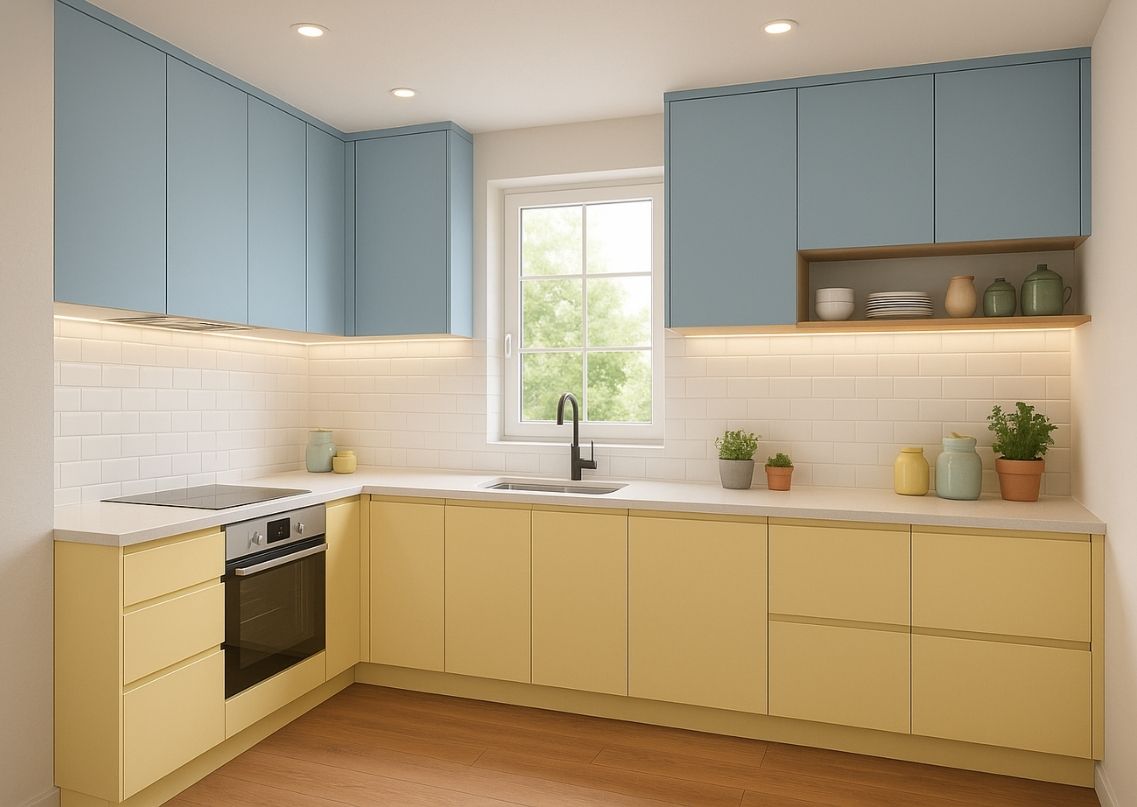 Modern L shaped kitchen with yellow and blue cabinets - Beautiful Homes