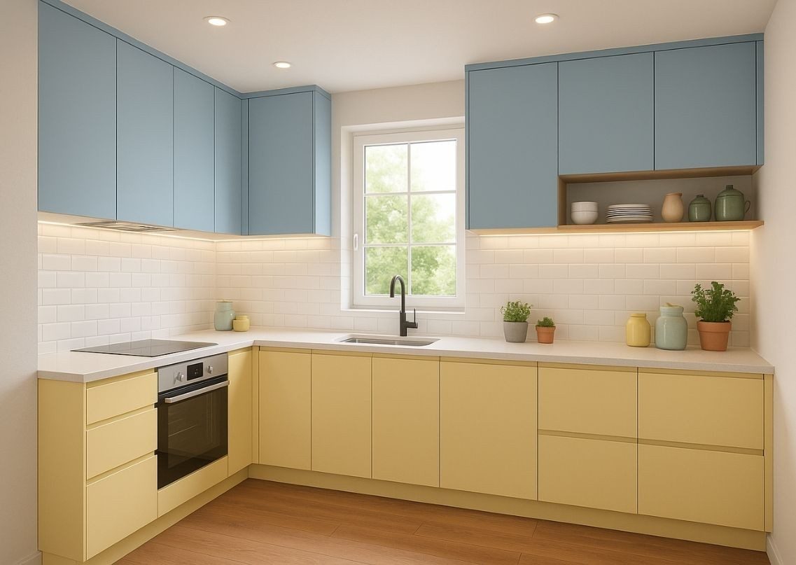 Modern L shaped kitchen with yellow and blue cabinets - Beautiful Homes