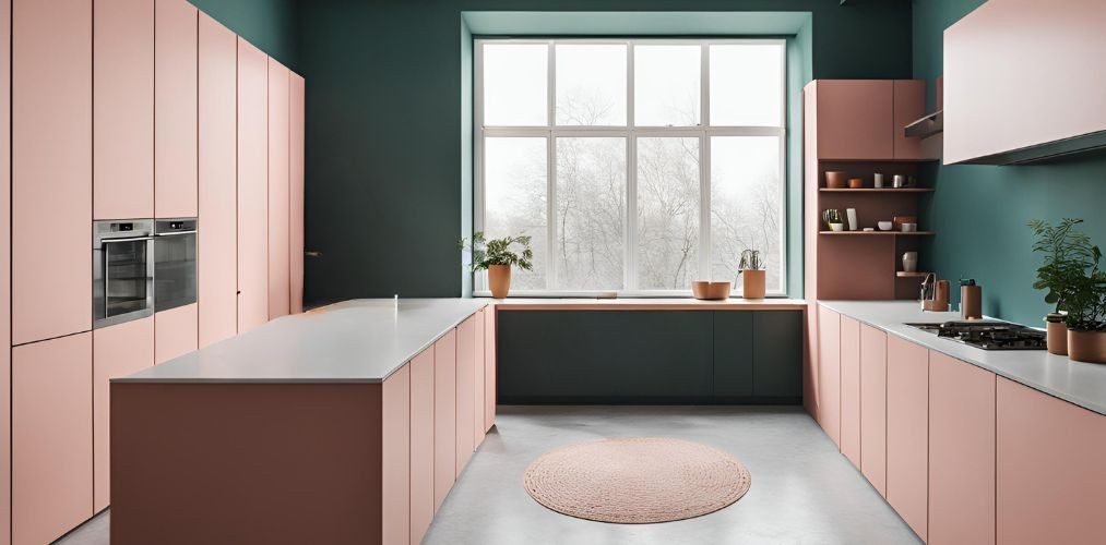 Modular parallel kitchen with pink cabinets and green backsplash - Beautiful Homes