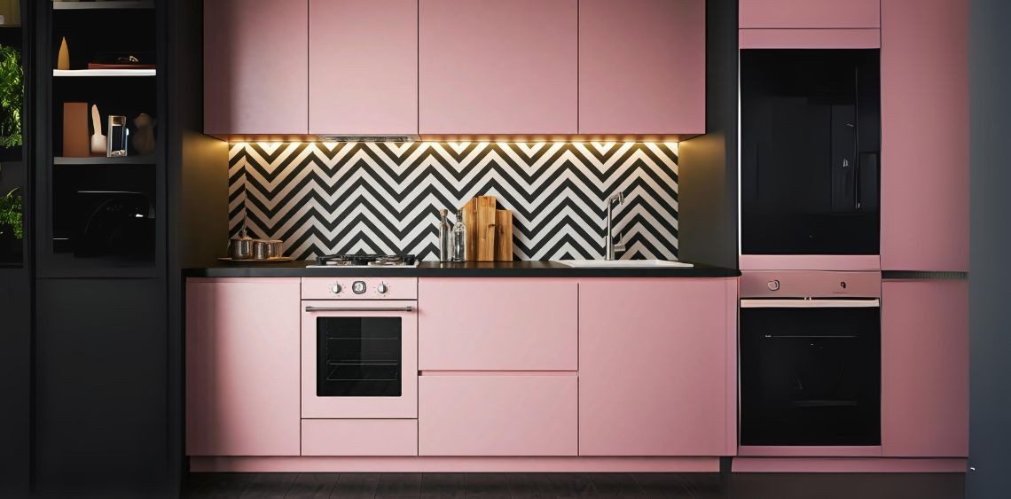 Modular pink kitchen with black and white chevron backsplash - Beautiful Homes