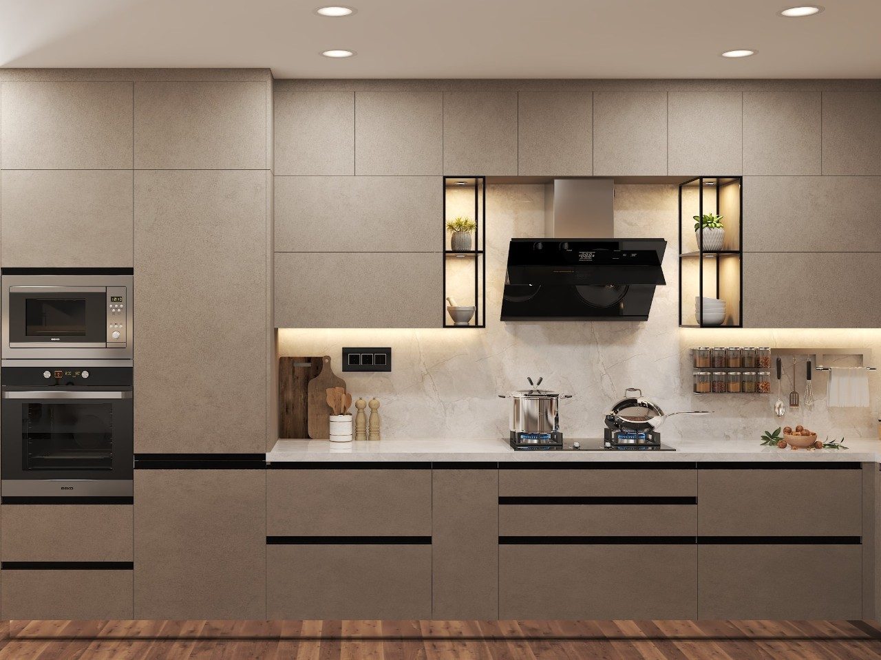 Modern kitchen with cabinets and black chimney - Beautiful Homes