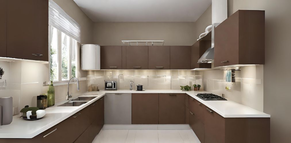 Modular u shaped kitchen with brown cabinets - Beautiful Homes