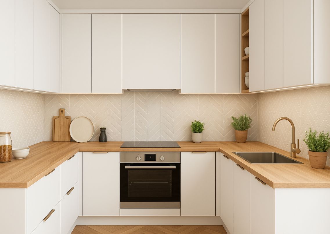 Contemporary kitchen with white cabinets and wooden counters - Beautiful Homes