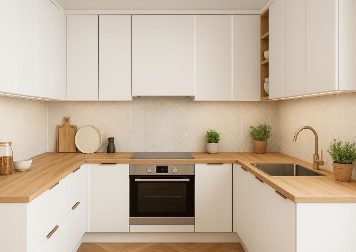 Contemporary kitchen with white cabinets and wooden counters - Beautiful Homes