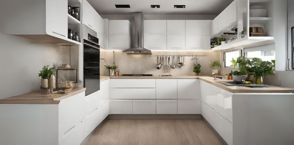 Modular white kitchen with wooden countertop and flooring - Beautiful Homes