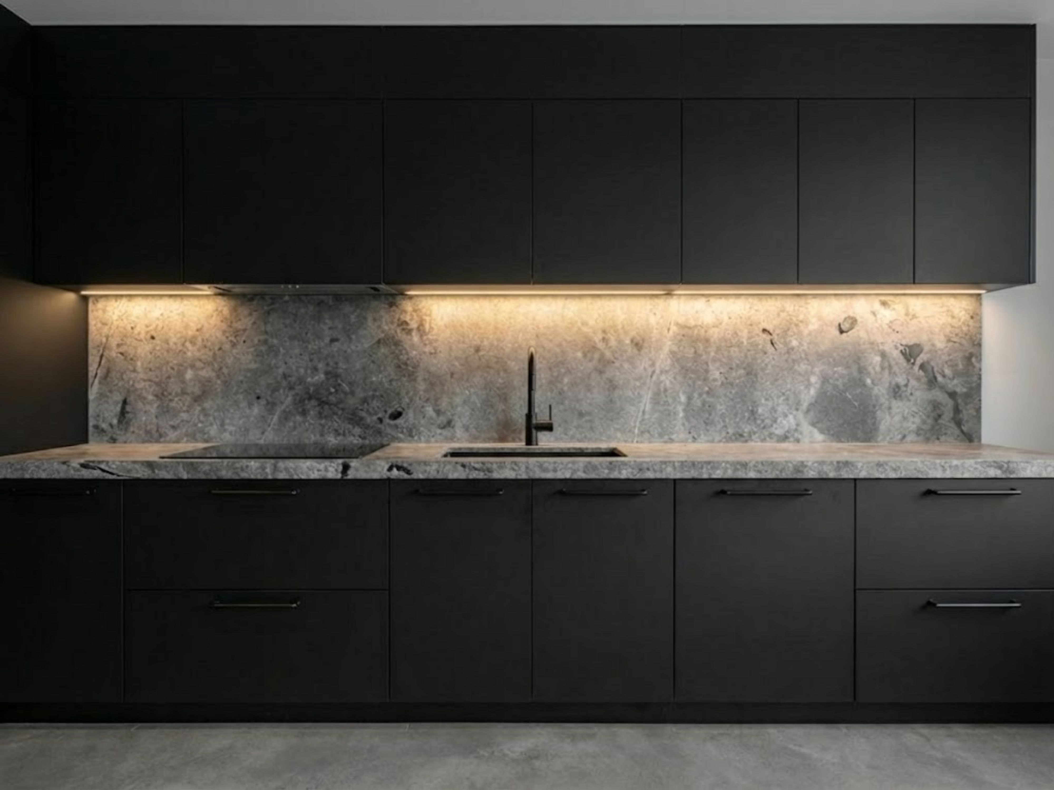 Black kitchen with grey marble countertop and lighting - Beautiful Homes