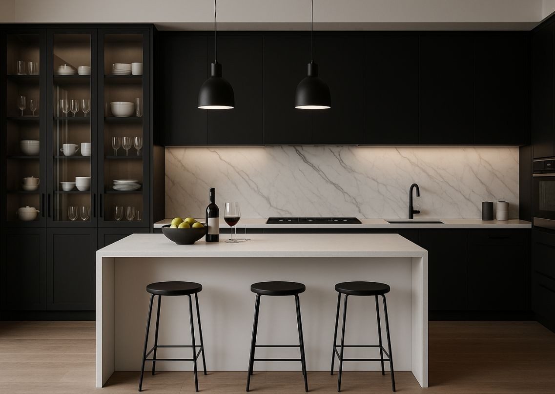 Modern kitchen with black cabinets and white island - Beautiful Homes