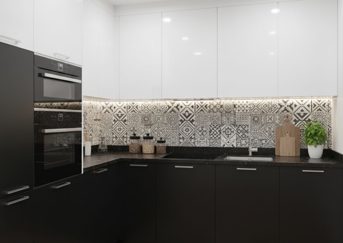 Modern kitchen with black cabinets and patterned backsplash - Beautiful Homes