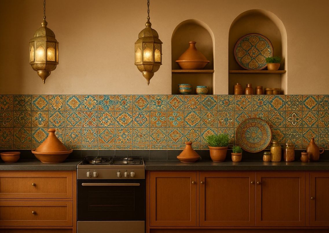 Mediterranean kitchen with wooden cabinets and decorative tiles - Beautiful Homes