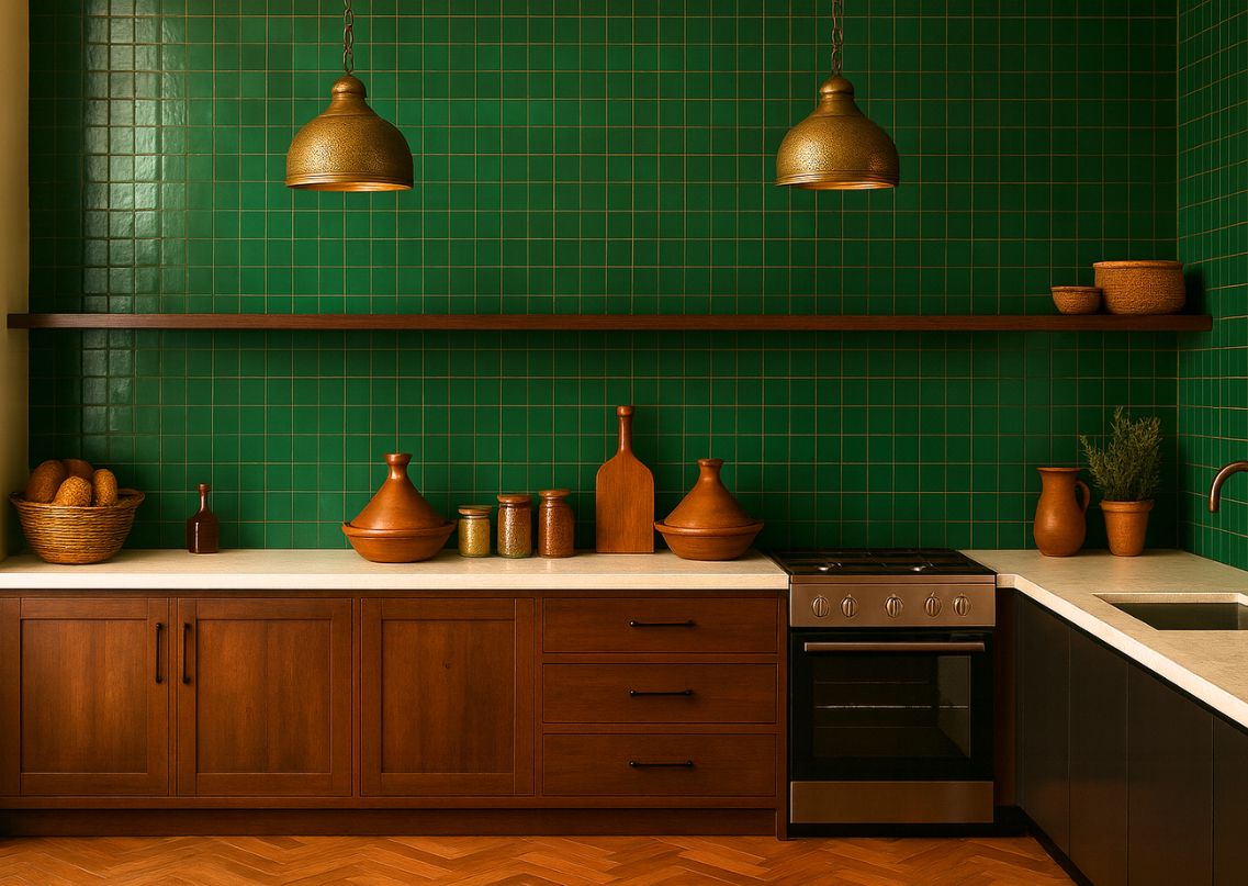 Modern kitchen with green tiles and wood cabinets - Beautiful Homes