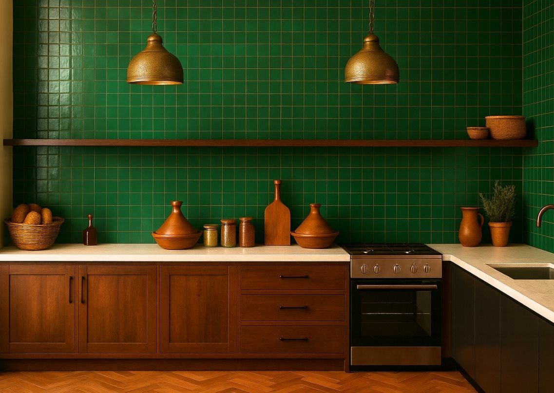 Modern kitchen with green tiles and wood cabinets - Beautiful Homes