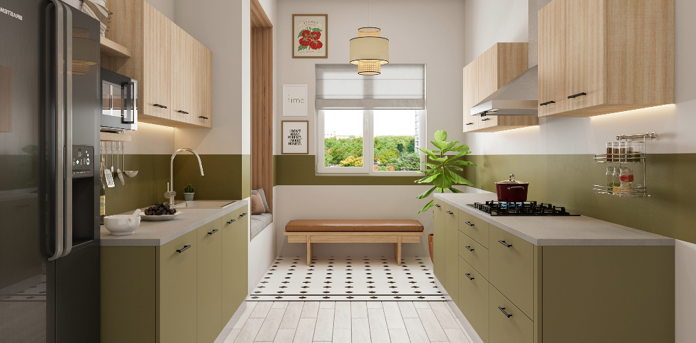 Moss green & white wooden parallel kitchen design-Beautiful Homes