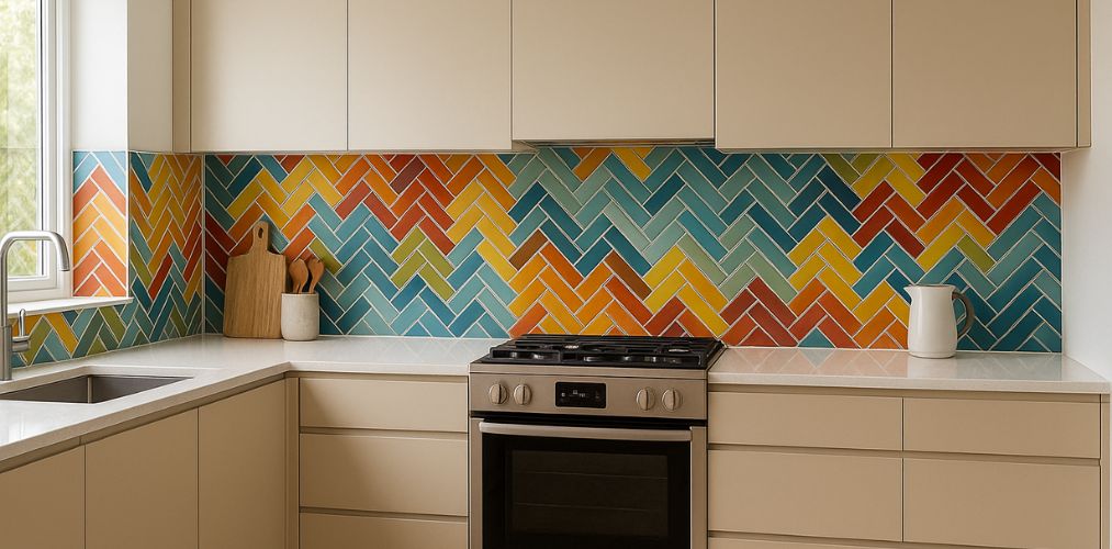 Kitchen with colourful backsplash and neutral cabinets - Beautiful Homes
