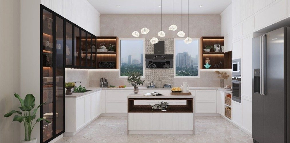 Neutral palette kitchen with black glass wardrobe and lights-Beautiful Homes