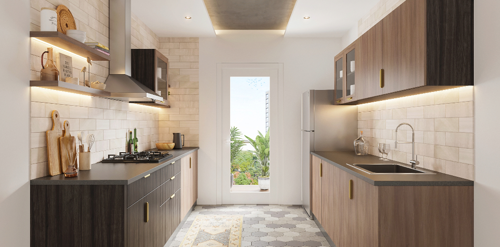 Neutral theme parallel kitchen with brick tile walls & honeycomb floor tiles-Beautiful Homes