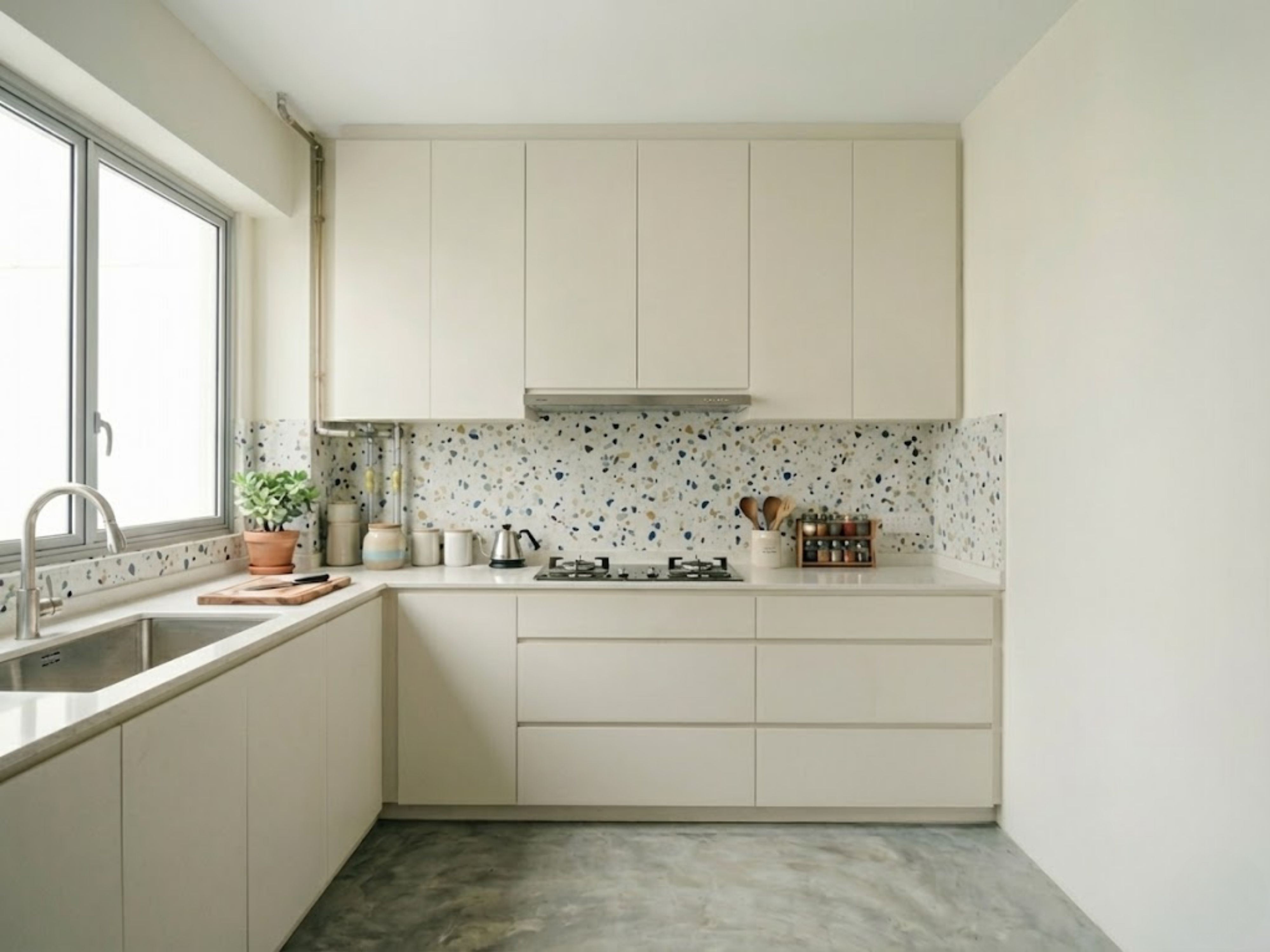 Off-white laminate L-shaped kitchen with terrazzo backsplash