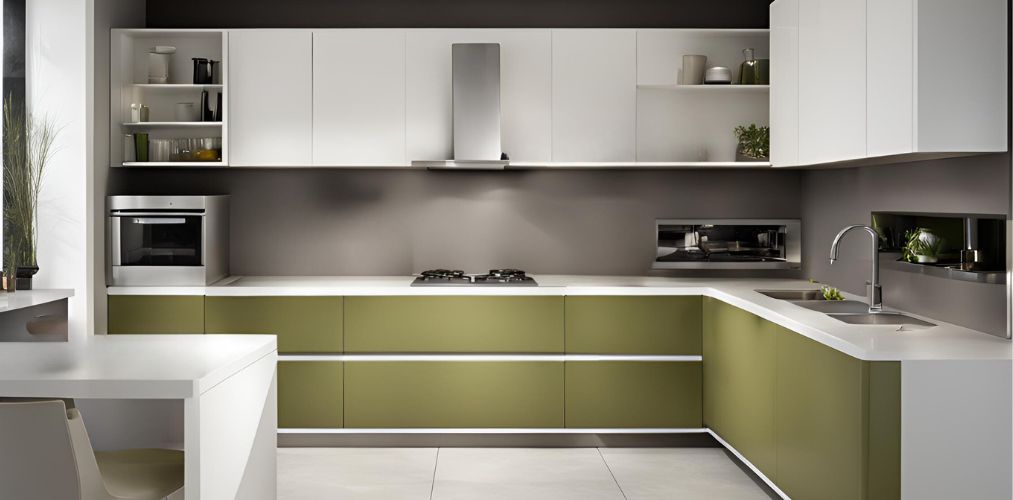 Olive green and white l-shaped modular kitchen design - Beautiful Homes