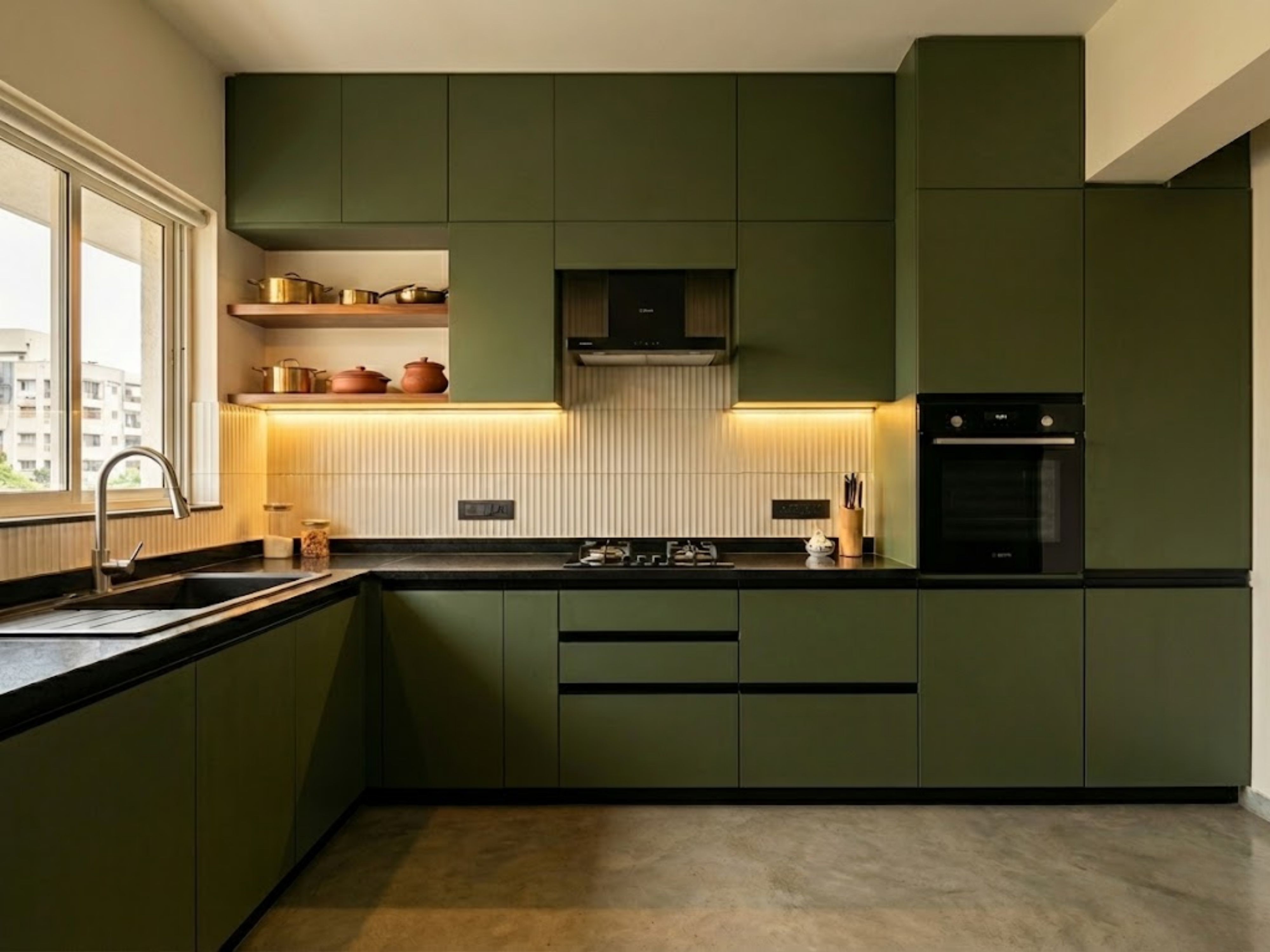 Modern kitchen with green cabinets and black countertops - Beautiful Homes