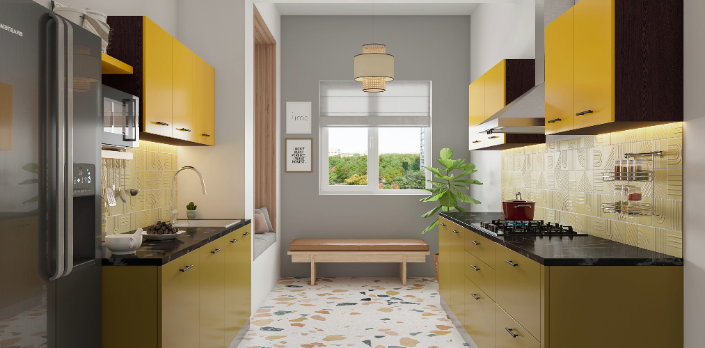 Olive green & yellow parallel modular kitchen design-Beautiful Homes