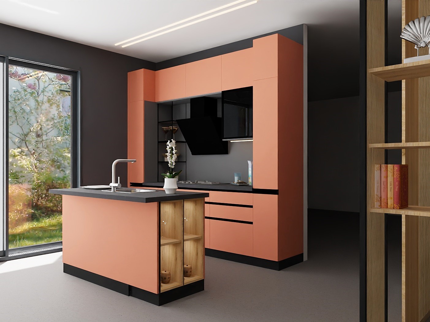 Compact kitchen with peach cabinets and island - Beautiful Homes