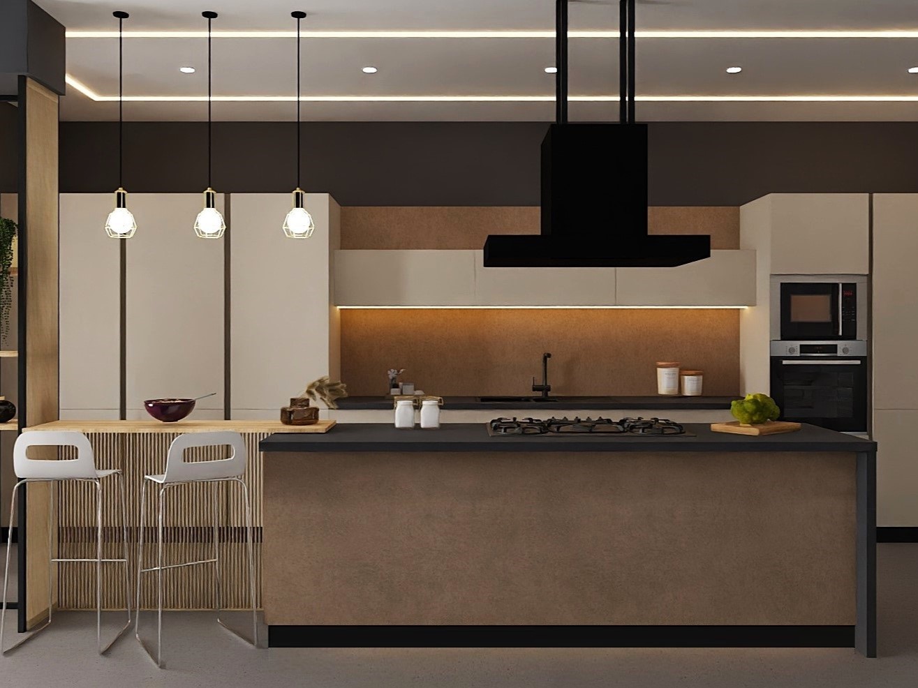 Modern kitchen with black countertops and pendant lights - Beautiful Homes