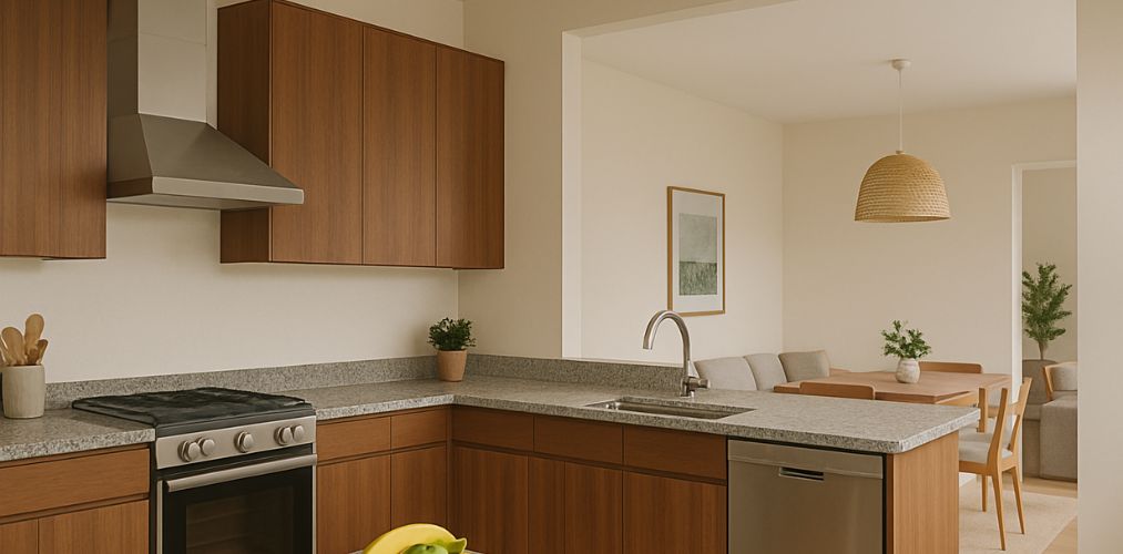 Open kitchen with wooden cabinets and dining area - Beautiful Homes