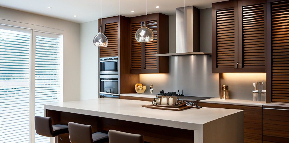 White and brown open kitchen design with wooden shutters-Beautiful Homes