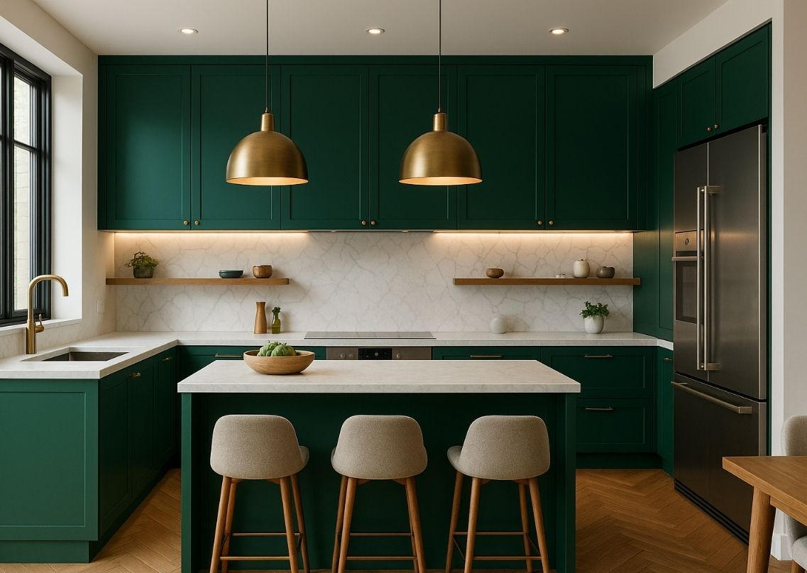 Stylish kitchen with green cabinets and island - Beautiful Homes